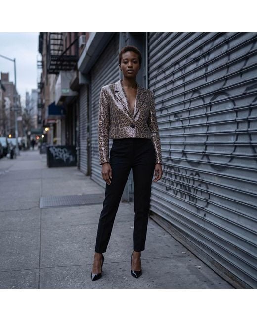 Modenaire Brown Cropped Leopard Print Sequin Blazer With Single Button Closure
