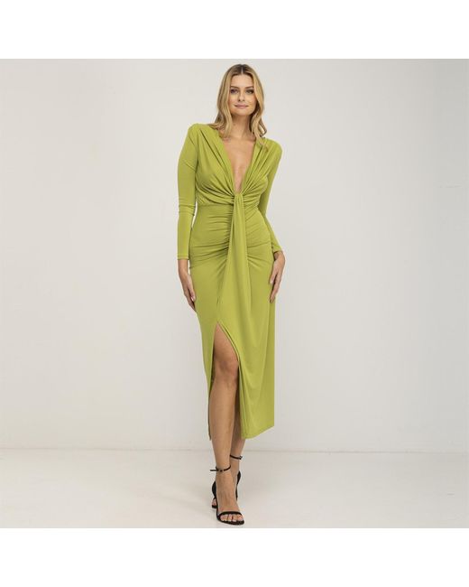 Tantra Spain Sl Green Solid Draped Maxi Dress With V Neck And Long Sleeves