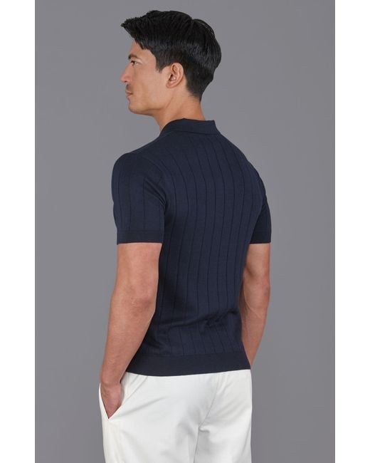 Paul James Knitwear Blue Ultra Fine Cotton Riley Selection Knit Buttonless Polo Shirt for men