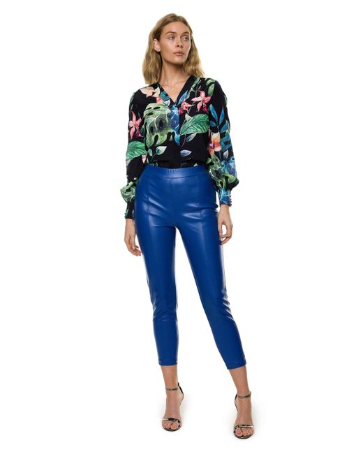 Carloslines Blue V-Neck Bar Tack Long Sleeve Blouse