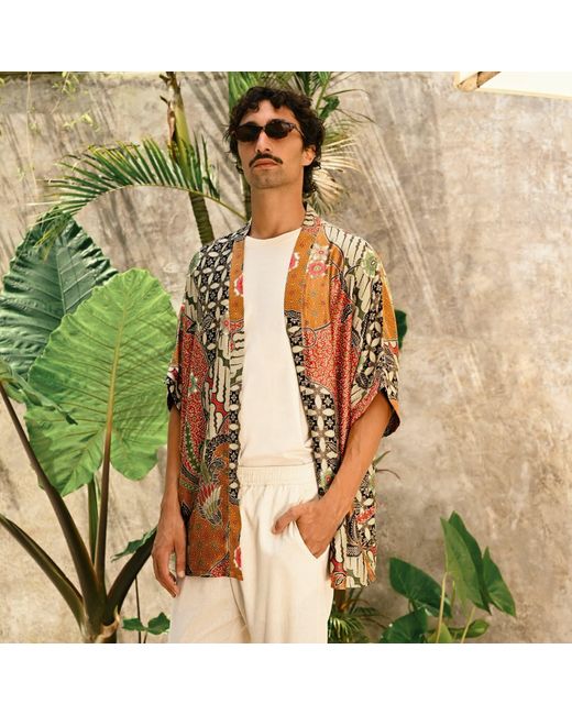 ORIGIN OF HEARTS Brown Marei Floral Print Satin Kimono Shirt For Resort Living for men