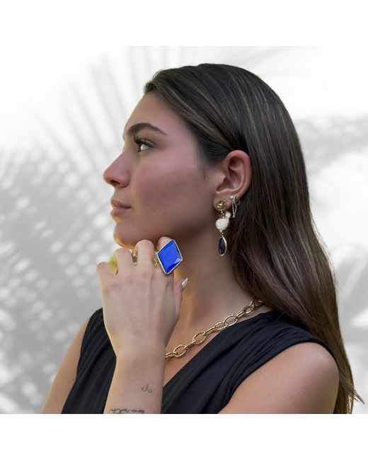 Ebru Jewelry Blue Stylish Cat Eye Stone Chunky Ring