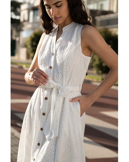 Yumi' White Flower Broderie Anglaise Cotton Shirt Dress