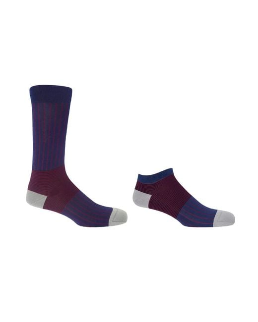 Peper Harow - Made in England Purple Oxford Stripe Luxury Crew & Trainer Socks Bundle for men