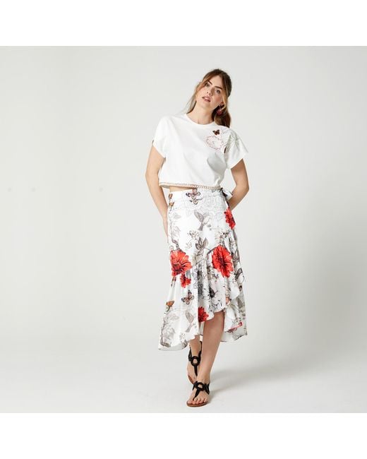 Lalipop Design White Embroidered Cropped Cotton T-Shirt
