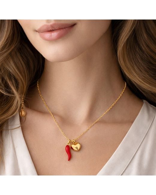 Unaloe Metallic And Enamel Cornicello Necklace With Heart Charm – Italian Handmade Good Luck Symbol