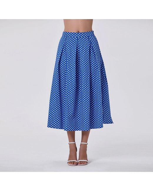 Smart and Joy Blue Flared Midi Skirt With Polka Dots