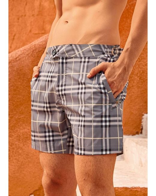 Vayla Gray Long Length Checkered Swim Shorts for men