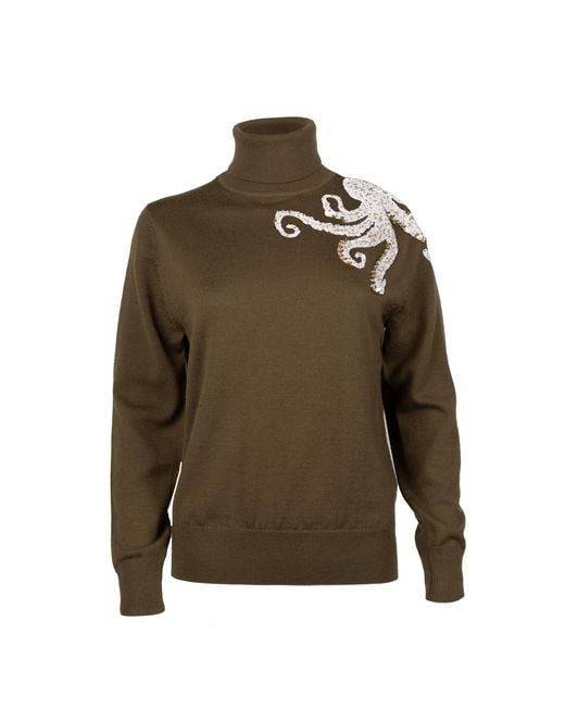 House of Laines London Green Neutrals Laines Couture Wrap Octopus Hand Embellished Knitted Roll Neck