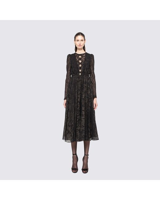 Nissa Black Lace Insert Chiffon Midi Dress