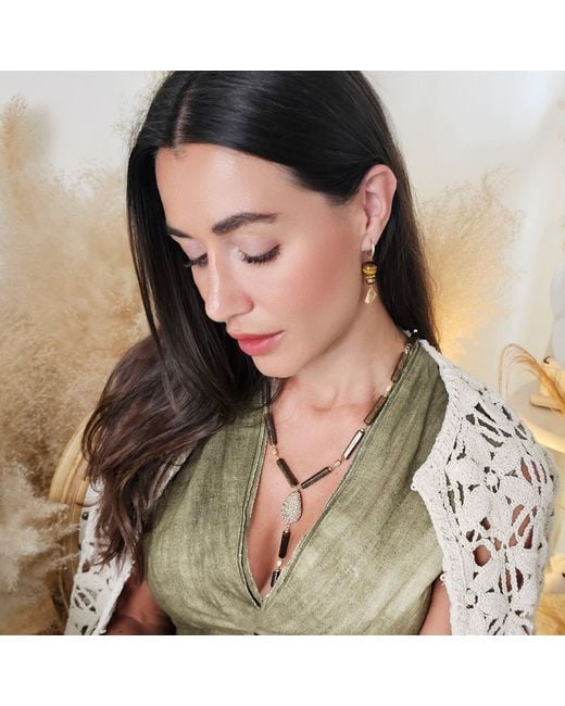 Farra Brown Y Shaped Tiger-Eye Stone With Rhinestone Tassel Lariat Necklace