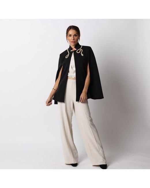House of Laines London Black Laines Couture Tailored Cape With Embellished Crystal & Pearl Wrap Around Snake