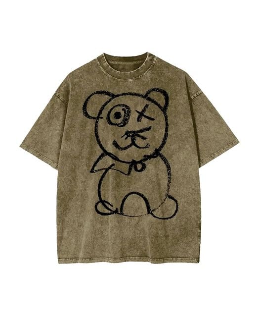 X Ilona Blue Green Universal Fit Graffiti Teddy Bear Vintage Wash Cotton Tee for men