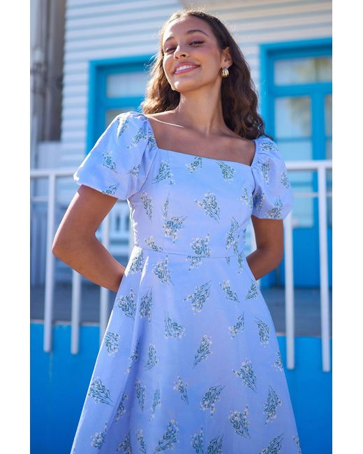 Yumi' Blue Cotton Floral Puff Sleeve Skater Dress