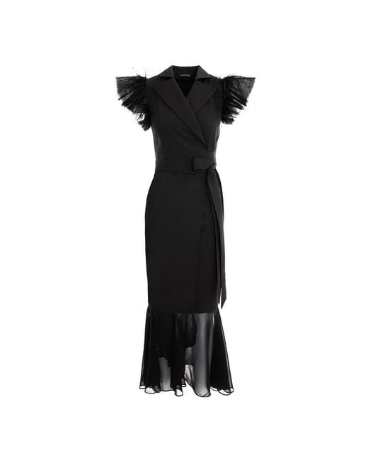 concept A trois Black Long Blazer Wrap Dress With Tulle And Soft Veil
