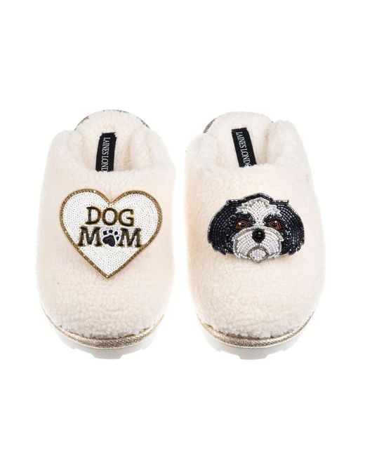 Laines London White Neutrals Teddy Closed Toe Slippers With Dog Mum Mom & & Shih Tzu Brooches