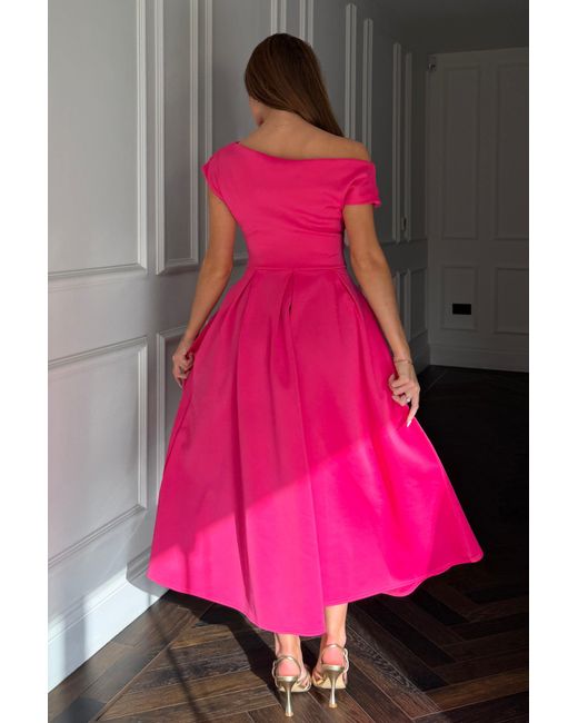 Girl In Mind Pink Betty Asymmetric Neckline Skater Midi Hot