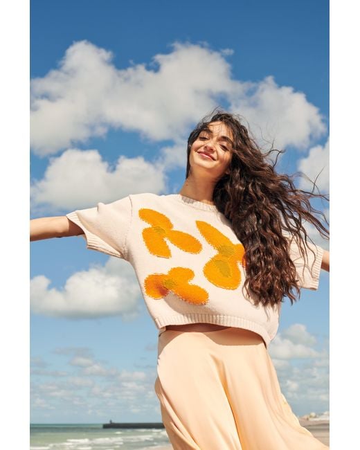 Gigi Knitwear Orange Neutrals Flower Cotton Knit T-Shirt