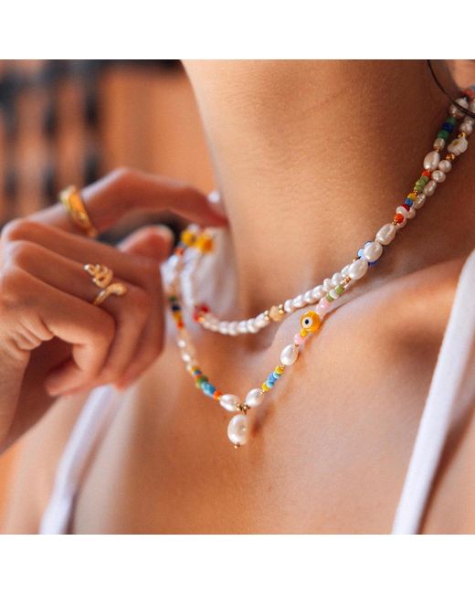 Nialaya Metallic Pearl Choker With Flower Beads