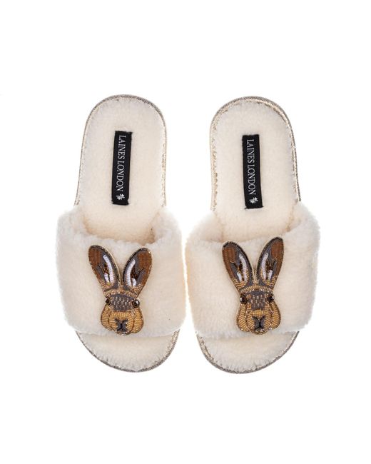 Laines London White Teddy Toweling Slipper Sliders With Double Hare Brooches