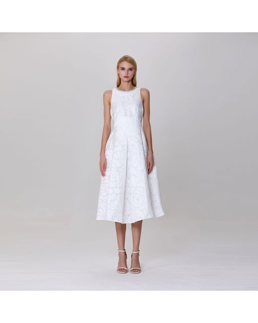 Smart and Joy White Fit-And-Flare Collar Trim Textured Jacquard Dress