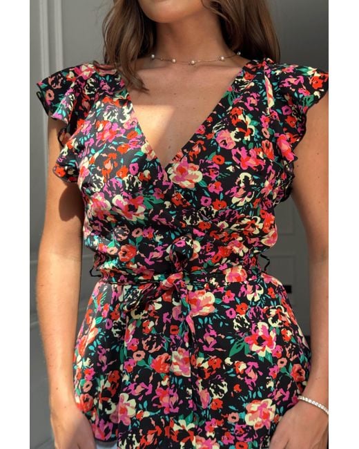 Girl In Mind Red Juniper Floral Frill Detail Wrap Peplum Top