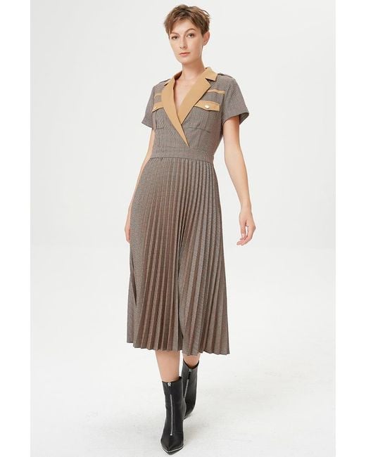 Smart and Joy Brown Prince Of Wales Fabric Pleated Dress