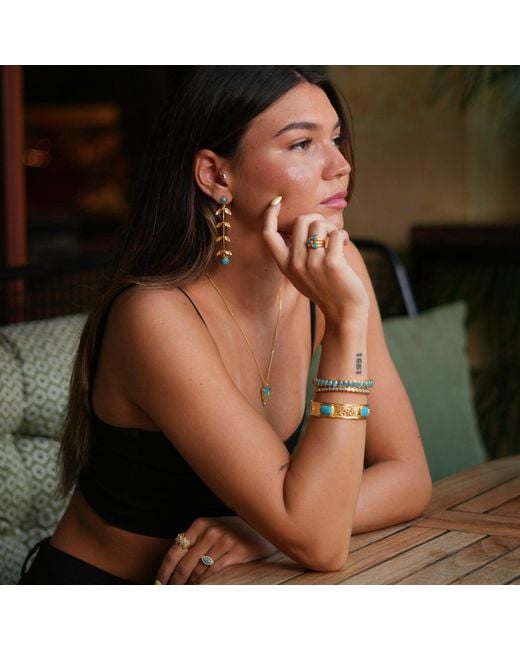 Ebru Jewelry Metallic Turquoise Gemstone Antique Gold Cuff Bracelet