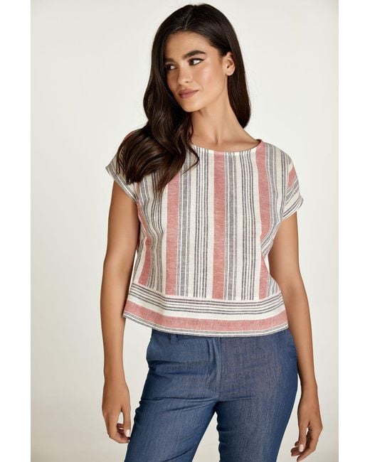 Conquista Pink Coral Striped Linen Style Top