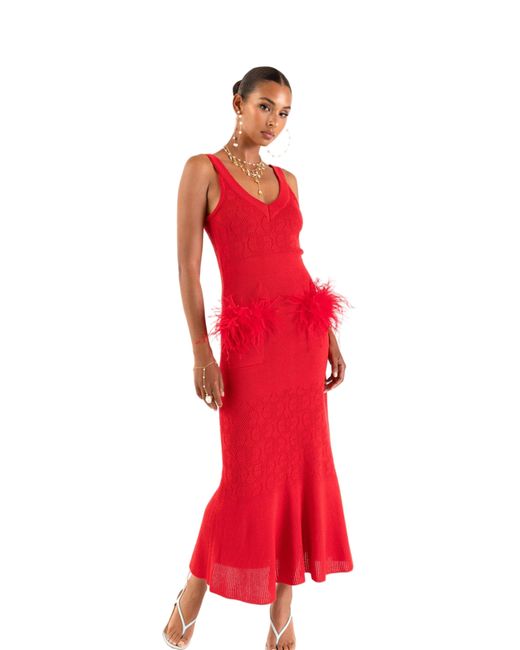 Andreeva Red Cherry Knit Dress With Real Ostrich Feather Details