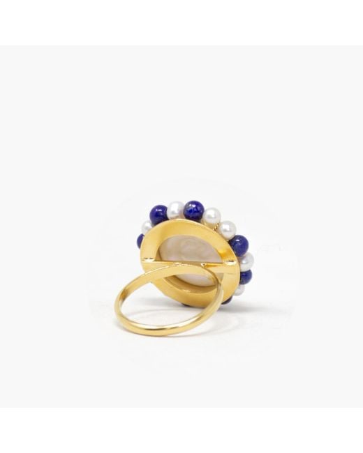 Vintouch Italy Blue Lotus Gold-plated Pearl And Lapis Ring