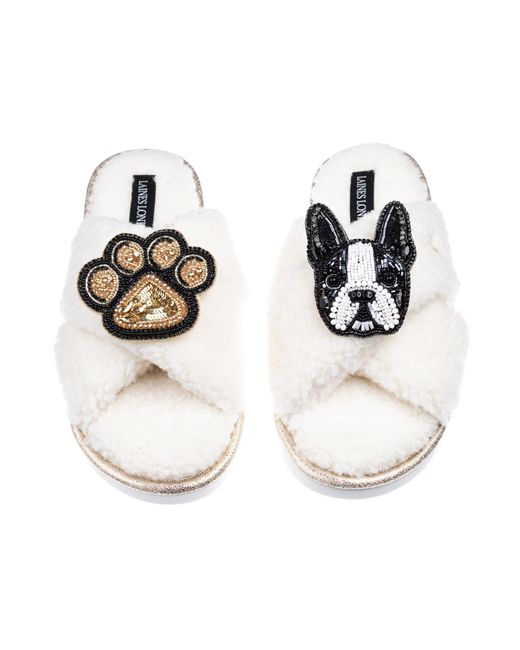 Laines London White Neutrals Laines Neutral Boucle Slippers With Buddy The Boston Terrier & Paw Brooches