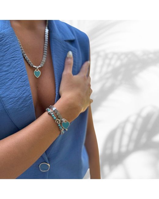 Ebru Jewelry Blue Sterling Love Charms & Hematite Stone Beaded Bracelet Set