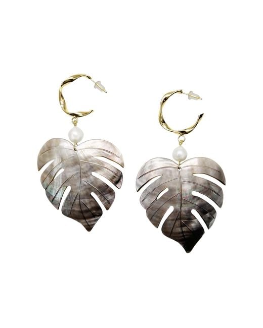 Farra Metallic Neutrals Leaves Shaped Shell With Pearls Hook Earrings