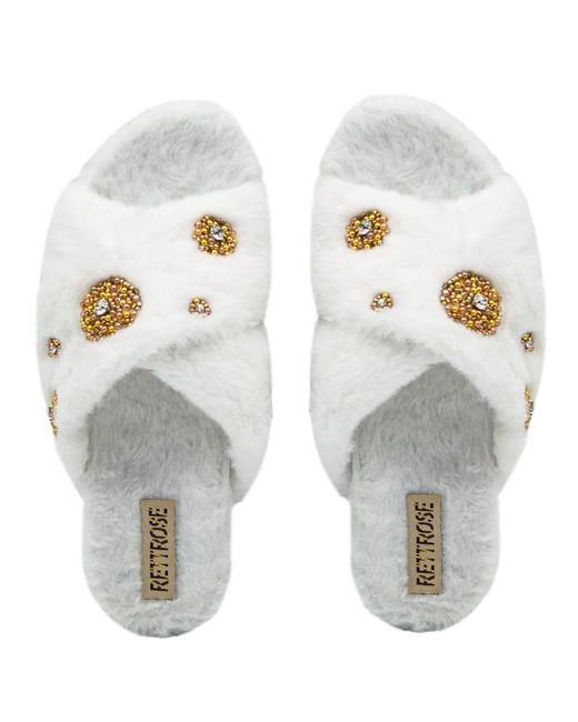 Rettrose Metallic Neutrals Juliette Cream Luxury Plush Diamanté Embellished Handmade Slipper