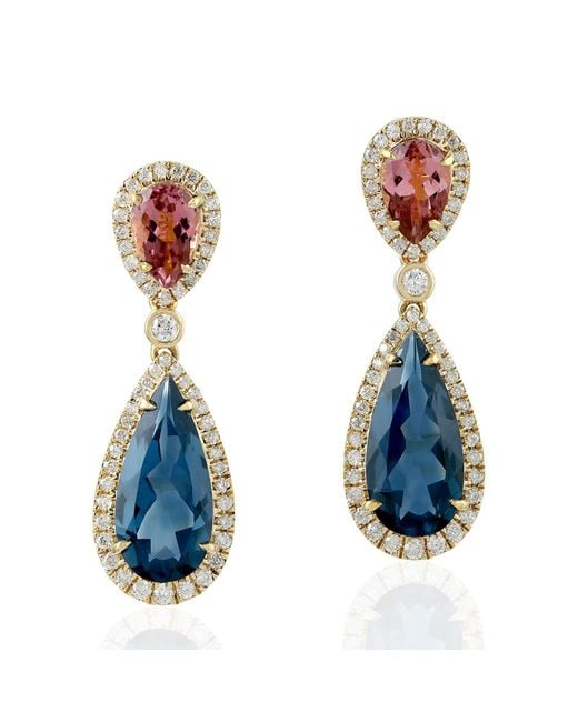 Artisan Pear Cut Pink Tourmaline & Blue Topaz With Prong Diamond Dangle Earrings In 18k Gold