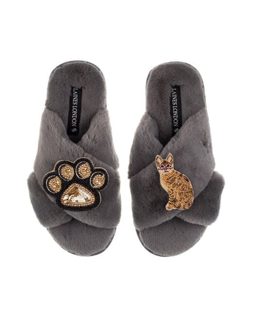 Laines London Brown Classic Laines Slippers With Paw & Bengal Cat Brooches