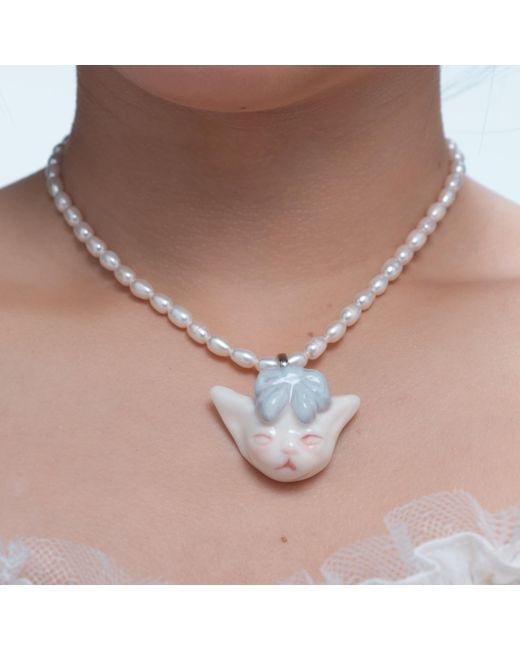 H2 Studio Metallic Angry Puss Light Misty Bow Tie Freshwater Pearl Necklace