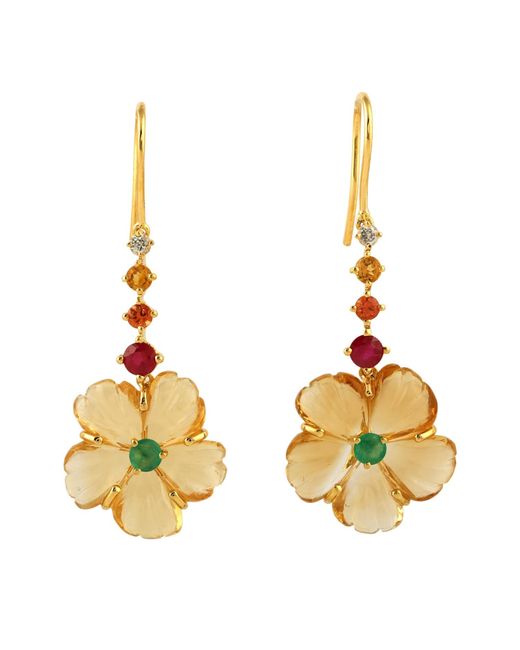 Artisan Metallic 18k Yellow Gold Carving Citrine Ruby Emerald Sapphire Flower Dangle Earrings
