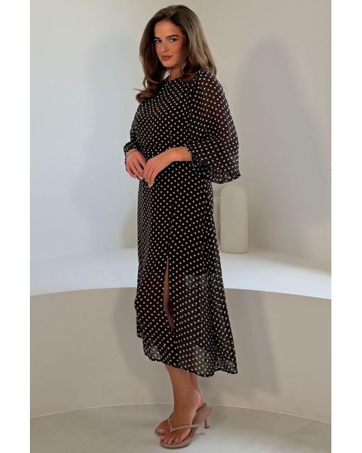 Girl In Mind Black Polka Dot Sweetheart Long Sleeve Midi Dress