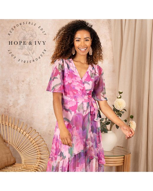 Hope & Ivy Pink The Tessa Flutter Sleeve Maxi Wrap Dress With Tie Waist