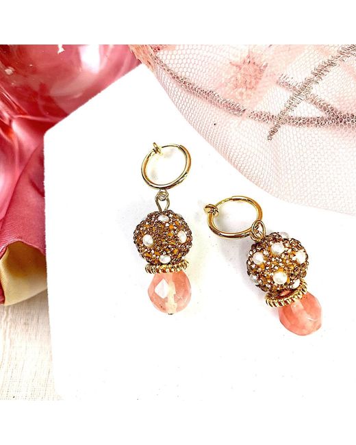 Farra Watermelon Quartz Stones With Rhinestones Bordered Pearls Clip On Earrings