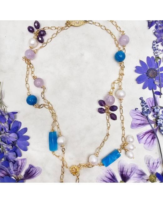 Farra White Agate Amethyst Multi Gemstone Station Necklace