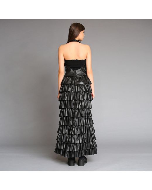 Silvia Serban Black Eco Leather Skirt With Ruffles & Adjustable Length