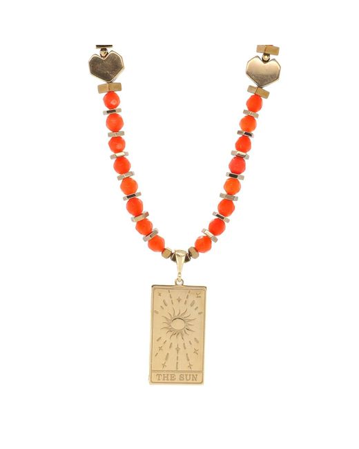 Ebru Jewelry Metallic Tarot Card Gold Sun Pendant Red Beaded Necklace