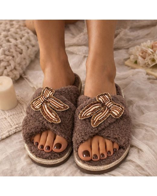 Laines London Brown Neutrals Neutral Boucle Slippers With & Pearl Beaded Stripe Bow Brooches