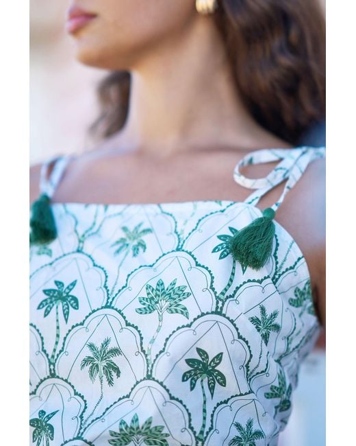 Yumi' Green Palm Tree Cotton Shift Mini Dress