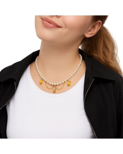 My Little Nature Metallic Handmade Pearl Necklace With Lemon And Flower Charms