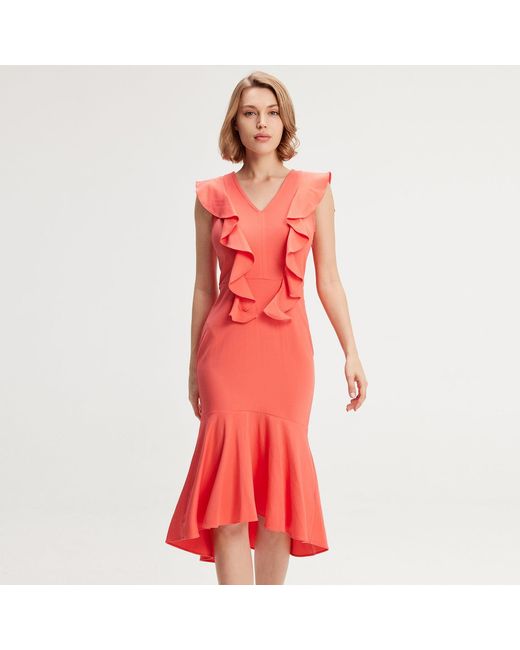 Smart and Joy Red Jersey Dress With Wide Ruffles
