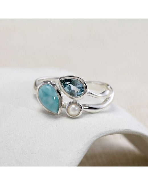Isla Silver Blue Larimar, Topaz & Freshwater Pearl Trio Ring